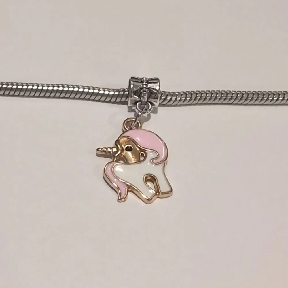 Silver Gold Pink and White Enamel Unicorn Charm for Pandora‎ Style Bracelet